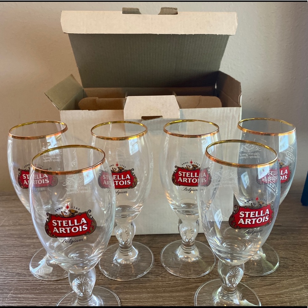 Stella Artois Belgium 15 cl Gold Rim Chalice Glasses Set of 6 NIB.